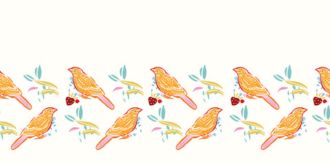 Geometric retro folk art bird boder. Vector vintage,linocut style, hand drawn, floral design with yellow bird. Colourful stylized border on cream colored background. Off color effect. Perfect for