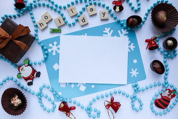 Fototapeta na wymiar Christmas postcard mockup. space for text. invitation. christmas card with balls and snowflakes