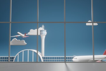 3d rendering illustration of airport in blue color minimal design with airplane
