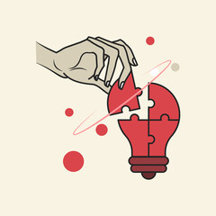 Hand holding a puzzle piece trying to connect it to a light bulb made of puzzle pieces. Concept of idea, problem solving, finding solution. Flat style illustration. 