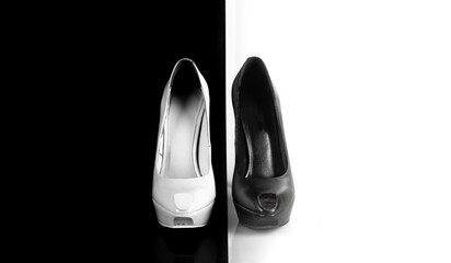 white and black high-heeled shoes on an abstract white and black background