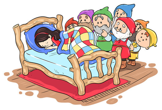 Die sieben Zwerge finden das schlafende Schneewittchen - Vektor-Illustration