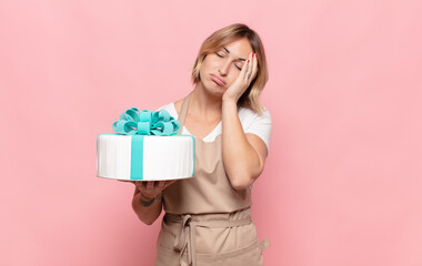 young blonde woman feeling bored, frustrated and sleepy after a tiresome, dull and tedious task,...
