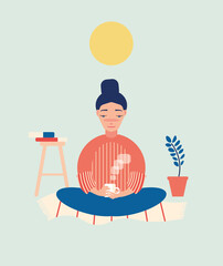 Woman meditating at home. Vector concept cartoon illustration for yoga, meditation, relax, recreation, healthy lifestyle. 