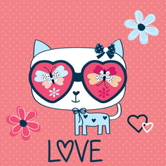 cute cat with sunglasses vector illustration, love card with cat, T-shirt graphics design for kids