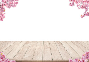 table top desk with cherry blossom flowers as frame is on white background
