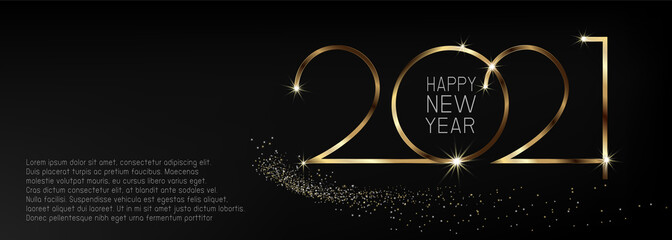 2021 Happy New Year banner on black background and sparkle bokeh with gold color