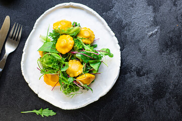 healthy salad squash pumpkin vegetables set of ingredients fresh meal on the table tasty serving size top view copy space for text food background rustic keto or paleo diet