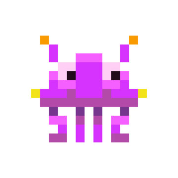 Cute purple space invader monster, game enemy in pixel art style on white