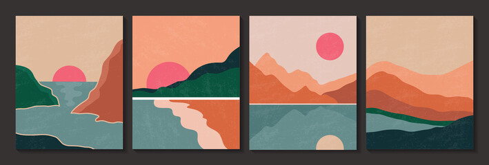 Abstract contemporary landscape posters. Modern boho background set with lake, river,sun, moon, mountains, minimalist wall decor. Vector art print