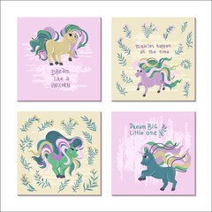 Unicorns. Childrens illustrations, collection of square postcards. Designs for girls childrens prints. Vector cartoon illustration