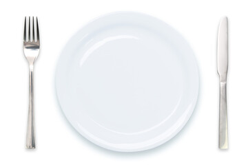Cooking template - top view of an empty white plate with knife and fork isolated on a white background