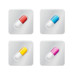 Pills or capsules white and blue in blister package for tablet vector Illustration design.