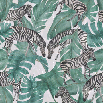 Watercolor painting seamless pattern with zebras and banana leaves