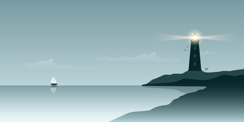 sailboat and lighthouse by the ocean seascape vector illustration EPS10