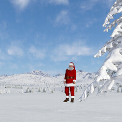 Illustration of Santa Claus standing in a snow covered landscape.
