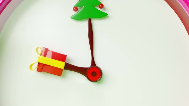 Conceptual alarm clock on the topic of Christmas. Countdown to gifts and green trees.
Gifts are falling on the back. Sale, promotions, bargains, price reductions.
Last frame can be easy loopable.