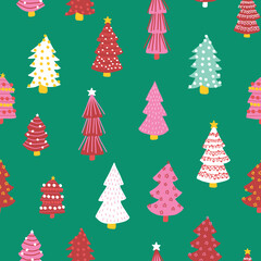 Christmas doodle trees vector background. Seamless pattern hand drawn trees. Decorative holiday background. Winter design pink white red green for fabric, gift wrap, card decoration, scrapbooking