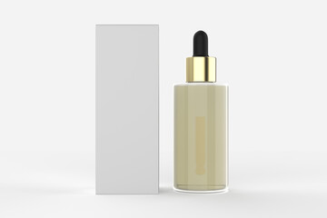 Amber tincture dropper bottle with box isolated white background.3d illustration