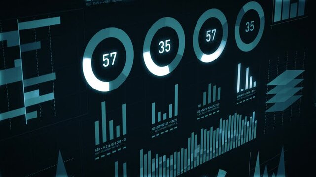 Business Statistics, Market Data And Infographics Background Layout/ 4k animation of a set of elegant dark design business and market data analysis and reports, with infographics, bar stats, charts an