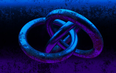 3d rendering illustration. rusted metal rings blue and violet