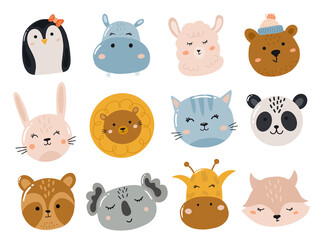 Fototapeta premium Set of cute stickers with animals head and face. Vector hand drawn illustration.