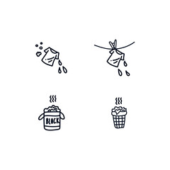 A collection of hand-drawn icons for the Laundry service. The set includes Icons: drying clean clothes and dirty Laundry in the basket, suitable for Laundry service. Hand-drawn icons in a line on a