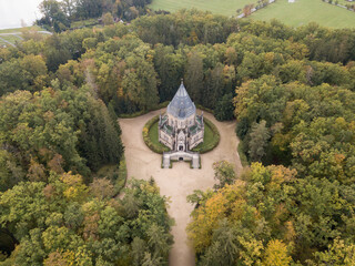 Aerial view of Schwarzenberg tomb from 18th century. Tomb is famous tourist attraction near Trebon, South Bohemia. Historical landmark from above in Czech republic, European union. gothic style