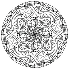 drawn mandala with linear abstract ornaments on a white background for coloring, vector, coloring book pages, mandala
