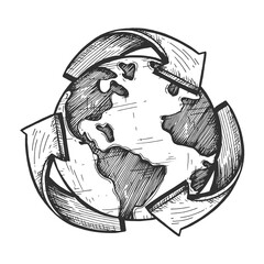 Handdrawn world globe recycle symbol
