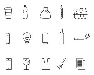 Different kinds of waste icons set. Thin line style. Set includes such icons as plastic and glass bottles,  container, thermometer, battery, phone, bag, papers, electric lamp, cigarette etc.