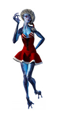 Illustration of a female alien wearing a skimpy red outfit and Christmas hat with a hand up isolated on a white background.