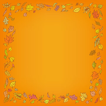 Square frame, border composed of flying autumn leaves on an orange background for greeting cards and other artworks. Vector illustration.