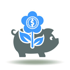 Piggy bank with flower sprout and coin dollar icon vector. Investment savings money symbol. Investments growth sign.
