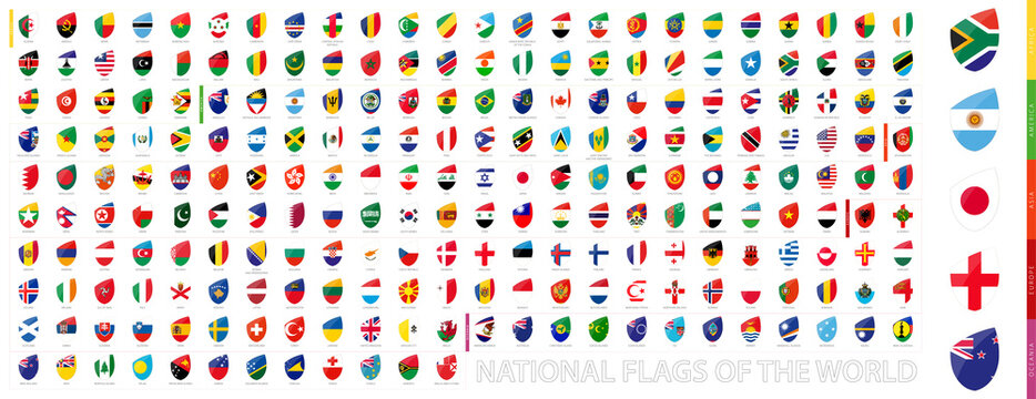 All Official National Flags of the World in Rugby Style. Big Rugby icon set.
