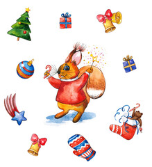 Watercolor festive Christmas illustration with a cheerful squirrel.