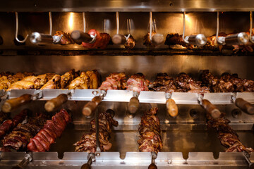 Espetos em churrasqueira de restaurante