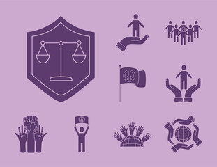 bundle of twelve human rights silhouette style set icons