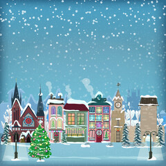Happy New year and Christmas illustration with a winter snow-covered European town and old houses. Greeting card with space for text. Vector illustration in cartoon style.