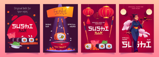 Sushi bar flyers with japanese food, red asian lanterns and waitress in kimono. Vector cartoon set of advertising posters for cafe or restaurant with rolls, rice and seafood