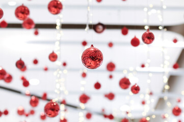 Obraz premium Closeup Christmas Ball on Christmas Tree. Merry Christmas and Happy new year concept with bokeh background.