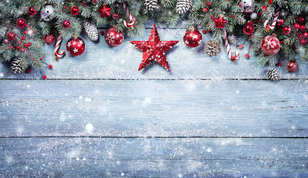 Fir Branches With Red Ornament On Snowy Plank - Christmas Background