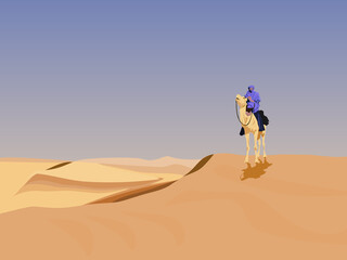Fototapeta na wymiar A camel rider in the desert has a sky background.