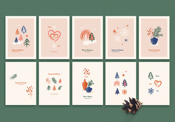 Holiday Card Layout Set with Illustrations