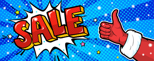 Santa Claus hand in red suit and mitten showing thumb up in pop art style. Sign like and Xmas Sale Message in pop art style