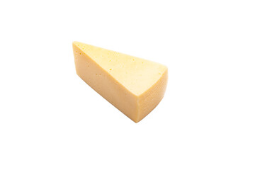 Shooting in the studio. A piece of yellow cheese, cut from the head. Close-up. On white background.