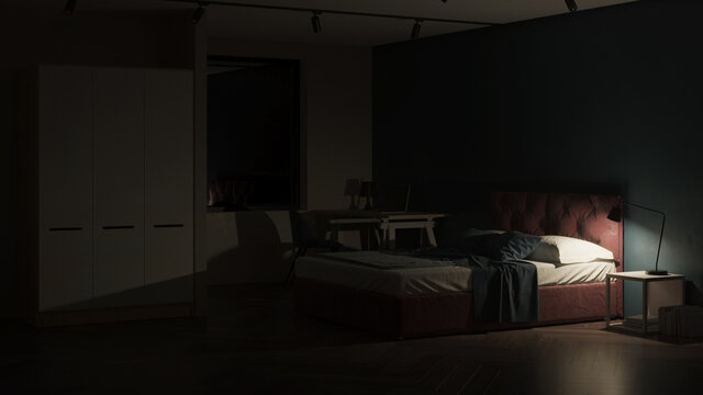 Modern bedroom interior. Bedroom with blue walls. Night. Evening lighting. 3D rendering.