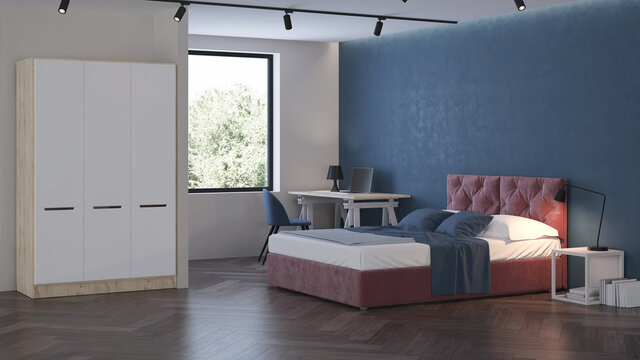 Modern bedroom interior. Bedroom with blue walls. 3D rendering.