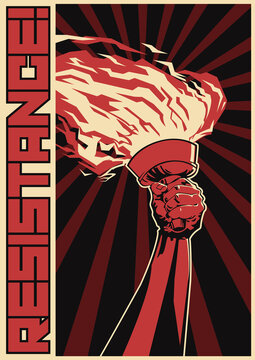 Fire of Revolution, Resistance Propaganda Poster, Retro Style, Arm and Torch 