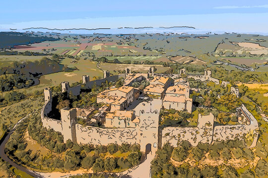 graphic illustration of the medieval town of monteriggioni